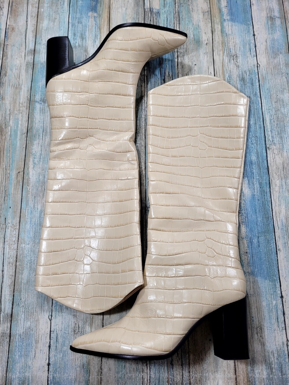 SCHUTZ Cream Croc-Embossed Over-the-Knee Boots